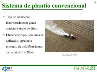  Tipo de adubação:
incorporado com grade
aradora e arado de disco;
 Eficiência: Após seis anos de
aplicação, apresenta
processo de acidificação nas
camadas de 0 a 20cm;
Sistema de plantio convencional
30
(Fonte: Inducal, 2018)
 