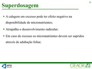  A calagem em excesso pode ter efeito negativo na
disponibilidade de micronutrientes;
 Atrapalha o desenvolvimento radicular;
 Em caso de excesso os micronutrientes devem ser supridos
através de adubação foliar;
Superdosagem
31
 