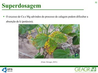Superdosagem
32
 O excesso de Ca e Mg advindos do processo de calagem podem dificultar a
absorção de k (potássio);
(Fonte: Elevagro, 2019.)
 