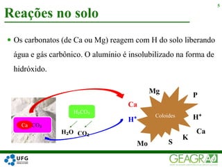  Os carbonatos (de Ca ou Mg) reagem com H do solo liberando
água e gás carbônico. O alumínio é insolubilizado na forma de
hidróxido.
Reações no solo
5
Ca CO₃
Coloides H⁺
K
P
Ca
Mg
Mo S
Ca
H⁺
Ca
H₂CO₃
CO₂H₂O
 