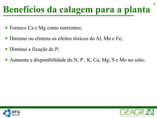  Fornece Ca e Mg como nutrientes;
 Diminui ou elimina os efeitos tóxicos do Al, Mn e Fe;
 Diminui a fixação de P;
 Aumenta a disponibilidade do N, P , K, Ca, Mg, S e Mo no solo;
Benefícios da calagem para a planta
6
 