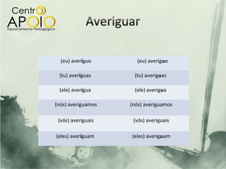 (eu) averíguo       (eu) averiguo

 (tu) averíguas      (tu) averiguas

 (ele) averígua      (ele) averigua

(nós) averiguamos   (nós) averiguamos

 (vós) averiguais    (vós) averiguais

(eles) averíguam    (eles) averiguam
 