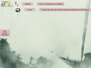 alfabeto    K, W e Y incorporam-se no alfabeto


                  trema      O trema não será mais usado em palavras portuguesa ou aportuguesa.




   Novo
 Acordo
Ortográfico
 