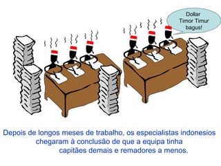 Depois de longos meses de trabalho, os especialistas indonesios
chegaram à conclusão de que a equipa tinha
capitães demais e remadores a menos.
Dollar
Timor Timur
bagus!
 