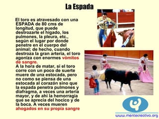 La Espada
El toro es atravesado con una
ESPADA de 80 cms de
longitud, que puede
destrozarle el hígado, los
pulmones, la pleura, etc.,
según el lugar por donde
penetre en el cuerpo del
animal; de hecho, cuando
destroza la gran arteria, el toro
agoniza con enormes vómitos
de sangre.
A la hora de matar, si el toro
corre con un poco de suerte
muere de una estocada, pero
no como se piensa de una
estocada al corazón sino que
la espada penetra pulmones y
diafragma, a veces una arteria
mayor, y de ahí la hemorragia
que se aprecia del hocico y de
la boca. A veces mueren
ahogados en su propia sangre
 
