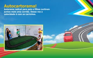 Autocartorama!
Autorama radical para pais e filhos curtirem
juntos mais uma corrida. Dessa vez a
velocidade é com os carrinhos.
Sucesso em 2013!
 