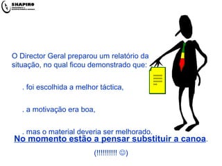 O Director Geral preparou um relatório da  situação, no qual ficou demonstrado que:  . foi escolhida a melhor táctica,  . a motivação era boa,  . mas o material deveria ser melhorado. xxxxxxxxxxxxxxxxxxxxxxxx No momento estão a pensar substituir a canoa . (!!!!!!!!!!   ) 