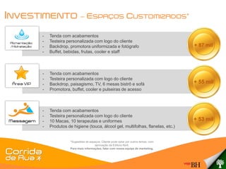 INVESTIMENTO                – ESPAÇOS CUSTOMIZADOS*

      -   Tenda com acabamentos
      -   Testeira personalizada com logo do cliente
      -   Backdrop, promotora uniformizada e fotógrafo                                 + 87 mil
      -   Buffet, bebidas, frutas, cooler e staff



      -   Tenda com acabamentos
      -   Testeira personalizada com logo do cliente
      -   Backdrop, paisagismo, TV, 6 mesas bistrô e sofá                              + 55 mil
      -   Promotora, buffet, cooler e pulseiras de acesso



      -   Tenda com acabamentos
      -   Testeira personalizada com logo do cliente
      -   10 Macas, 10 terapeutas e uniformes                                          + 53 mil
      -   Produtos de higiene (touca, álcool gel, multifolhas, flanelas, etc.)


                     *Sugestões de espaços. Cliente pode optar por outros temas, com
                                       aprovação da Editora Abril.
                     Para mais informações, falar com nossa equipe de marketing.
 