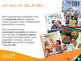 UM     ANO DE         VEJA BH

Belo Horizonte está consolidada como
um importante polo de negócios,
cultura, esportes, moda, entretenimento,
gastronomia e consumo.

Para acompanhar esse
crescimento constante da cidade e
levar ao leitor as melhores opções
em matéria de entretenimento, lazer,
programas e serviços, nasceu a
VEJA BH, que em 2013 completa
1 ano de vida.
 