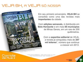 VEJA BH,   A    VEJA SÓ                                       NOSSA

                                        Em seu primeiro aniversário, VEJA BH se
                                        consolida como uma das revistas mais
                                        importantes da cidade.

                                       Com edições semanais, é distribuída em
                                       Belo Horizonte e em mais 65 municípios
                                            de Minas Gerais, em um raio de 200
                                                                  quilômetros.

                                                     Com a expertise editorial de VEJA,
                                                      a revista já conquistou mais de 257
                                                      mil leitores*, número que continua
                                                                       a crescer em 2013.



               * Fonte: Estudos EGM/Marplan - Target: ambos os sexos, 10 + anos -
                      Praça: Grande Belo Horizonte - Base: consolidado 2011
 