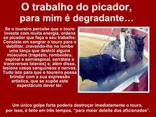 O trabalho do picador,  para mim é degradante…  Se o toureiro percebe que o touro investe com muita energia, ordena ao picador que faça o seu trabalho: Consiste em sangrar o touro para o debilitar, cravando-lhe no lombo uma lança que destrói alguns músculos (trapézio, romboideu, espinal e semiespinal, serráteis e transversos laterais) e, além disso, lesiona vasos sanguíneos e nervos. Tudo isto para que o toureiro possa brindar com a sua expressão artística, que se supõe este espectáculo dever ter. Um único golpe forte poderia destroçar imediatamente o touro,  por isso, é feito em três tempos, “para maior deleite dos aficionados”. 