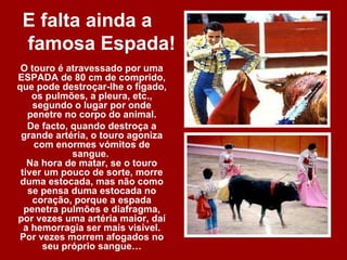 E falta ainda a
 famosa Espada!
 O touro é atravessado por uma
ESPADA de 80 cm de comprido,
que pode destroçar-lhe o fígado,
    os pulmões, a pleura, etc.,
    segundo o lugar por onde
   penetre no corpo do animal.
   De facto, quando destroça a
 grande artéria, o touro agoniza
    com enormes vómitos de
             sangue.
   Na hora de matar, se o touro
 tiver um pouco de sorte, morre
 duma estocada, mas não como
   se pensa duma estocada no
    coração, porque a espada
  penetra pulmões e diafragma,
por vezes uma artéria maior, daí
  a hemorragia ser mais visível.
Por vezes morrem afogados no
      seu próprio sangue…
 