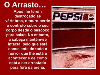 O Arrasto…
     Após lhe terem
     destroçado as
vértebras, o touro perde
 o controlo sobre o seu
corpo desde o pescoço
para baixo. No entanto,
  a cabeça mantém-se
 intacta, pelo que está
  consciente de todo o
  horror que lhe está a
  acontecer e de como
  está a ser arrastado
   para fora da arena.
 