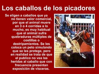 Los caballos de los picadores
Se eligen a caballos que ya
no tienen valor comercial,
por que el animal muere
en 3 o 4 corridas a lo
mucho, es muy habitual
que el animal sufra
quebraduras múltiples de
costillas o
destripamientos. Se les
coloca un peto simulando
que se les protege, pero
en realidad se trata de que
el publico no vea las
heridas al caballo que con
frecuencia presentan
exposición de vísceras.
 