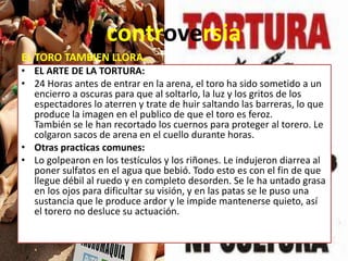 controversia
EL TORO TAMBIEN LLORA…
• EL ARTE DE LA TORTURA:
• 24 Horas antes de entrar en la arena, el toro ha sido sometido a un
  encierro a oscuras para que al soltarlo, la luz y los gritos de los
  espectadores lo aterren y trate de huir saltando las barreras, lo que
  produce la imagen en el publico de que el toro es feroz.
  También se le han recortado los cuernos para proteger al torero. Le
  colgaron sacos de arena en el cuello durante horas.
• Otras practicas comunes:
• Lo golpearon en los testículos y los riñones. Le indujeron diarrea al
  poner sulfatos en el agua que bebió. Todo esto es con el fin de que
  llegue débil al ruedo y en completo desorden. Se le ha untado grasa
  en los ojos para dificultar su visión, y en las patas se le puso una
  sustancia que le produce ardor y le impide mantenerse quieto, así
  el torero no desluce su actuación.
 