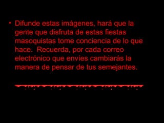 Difunde estas  imágenes , hará que la gente que disfruta de estas fiestas masoquistas tome conciencia de lo que hace.    Recuerda, por cada  correo electrónico que  envíes  cambiarás  la manera de pensar de tus semejantes. 