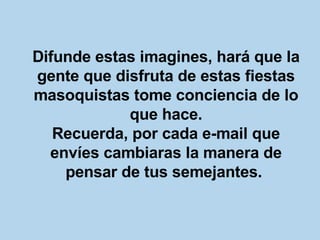 Difunde estas imagines, hará que la gente que disfruta de estas fiestas masoquistas tome conciencia de lo que hace. Recuerda, por cada e-mail que envíes cambiaras la manera de pensar de tus semejantes.   