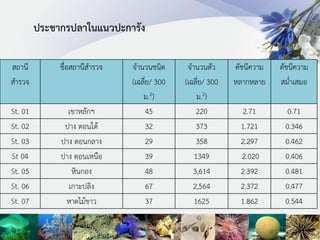 ประชากรปลาในแนวปะการัง
สถานี
สารวจ
ชื่อสถานีสารวจ จานวนชนิด
(เฉลี่ย/ 300
ม.2)
จานวนตัว
(เฉลี่ย/ 300
ม.2)
ดัชนีความ
หลากหลาย
ดัชนีความ
สม่าเสมอ
St. 01 เขาหลักฯ 45 220 2.71 0.71
St. 02 ปาง ตอนใต้ 32 373 1.721 0.346
St. 03 ปาง ตอนกลาง 29 358 2.297 0.462
St 04 ปาง ตอนเหนือ 39 1349 2.020 0.406
St. 05 หินกอง 48 3,614 2.392 0.481
St. 06 เกาะปลิง 67 2,564 2.372 0.477
St. 07 หาดไม้ขาว 37 1625 1.862 0.544
 