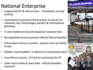 National Enterprise
• Fragmented PT & info services - ‘homeland’ security
priority

• Investment in national infrastructure: m’way & rail
networks, key interchanges, borders & international
gateways.
• IT and related services developed at national level.
• De-regulated service provision affords little protection
• Information critical in society - quality varies by ability
to pay

• Mobile ‘travel buddies’ in absence of community spirit
• Surveillance society - ID Card to access/pay for PT
• Little social media & open data - official providers
favoured

 