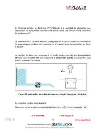 www.iplacex.cl
19
En términos simples se denomina INTENSIDAD, a la cantidad de electrones que
circulan por un consumidor, cuando se le aplica a este una tensión, en la unidad de
tiempo (segundo).
La intensidad de la corriente eléctrica corresponde en el circuito hidráulico a la cantidad
de agua que pasa por la turbina (produciendo un trabajo) en un tiempo unidad, es decir,
el caudal.
La cantidad de fluido que circula por el conducto, será el equivalente a la cantidad de
corriente que circulará por una resistencia o consumidor cuando le apliquemos una
tensión en bornes del mismo.
Figura 19. Aplicación de la Corriente en un circuito Eléctrico e Hidráulico.
Su unidad de medida es el Amperio
El amperio (A) tiene como submúltiplos el miliamperio (mA) y el microamperio ( µA).
1 A = 1.000 mA 1 mA = 0,001 A
Downloaded by jorge ulises legorreta carrera (legorretacarrerajorgeulises@gmail.com)
lOMoARcPSD|9989586
 