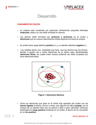 www.iplacex.cl
2
Desarrollo
FUNDAMENTOS FISICOS
• La materia está constituida por partículas infinitamente pequeñas llamadas
moléculas, estas a su vez están divididas en átomos.
• Los átomos están formados por protones y neutrones en el núcleo y
electrones que se mueven describiendo órbitas elípticas formando la corteza.
• Un protón tiene carga eléctrica positiva (+), y un electrón eléctrica negativa (-).
• Los metales tienen una propiedad que hace que los átomos que los forman,
tiendan a perder uno o varios electrones de su última capa, llamándoseles
electrones libres, los cuales crean huecos pudiendo ser estos ocupados por
otros electrones libres.
Figura 1. Estructura Atómica
• Como los electrones que giran en la órbita más apartada del núcleo son los
menos ligados al átomo, ocurre a veces, que algunos de ellos escapan, por el
choque de un electrón libre que se acerca a ellos a gran velocidad. Entonces
prepondera la carga positiva existente en el núcleo; el átomo se ha convertido
en un ión positivo.
SEMANA 1
Downloaded by jorge ulises legorreta carrera (legorretacarrerajorgeulises@gmail.com)
lOMoARcPSD|9989586
 