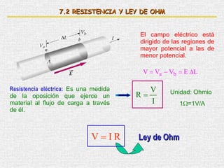 7. 2  RESISTENCIA Y LEY DE OHM El campo eléctrico está dirigido de las regiones de mayor potencial a las de menor potencia...