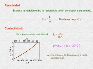 Resistividad:  Expresa la relación entre la resistencia de un conductor y su tamaño. Unidades de   :   .m Conductividad:...