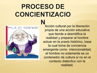 Acción cultural por la liberación
propia de una acción educativa
que tiende a desmitifica la
realidad y preparar al hombre
actuar en la praxis histórico, base
la cual toma de conciencia
emergente como intencionalidad,
el hombre no solamente es un
contenedor de cultura si no en el
contexto dialectico con la
realidad.
 
