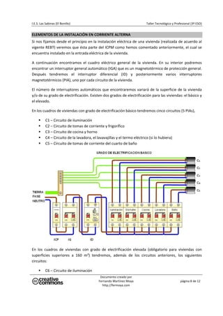 I.E.S. Las Sabinas (El Bonillo)                                             Taller Tecnológico y Profesional (3º ESO) 


ELEMENTOS DE LA INSTALACIÓN EN CORRIENTE ALTERNA 
Si nos fijamos desde el principio en la instalación eléctrica de una vivienda (realizada de acuerdo al 
vigente REBT) veremos que ésta parte del ICPM como hemos comentado anteriormente, el cual se 
encuentra instalado en la entrada eléctrica de la vivienda. 

A  continuación  encontramos  el  cuadro  eléctrico  general  de  la  vivienda.  En  su  interior  podremos 
encontrar un interruptor general automático (IGA) que es un magnetotérmico de protección general. 
Después  tendremos  el  interruptor  diferencial  (ID)  y  posteriormente  varios  interruptores 
magnetotérmicos (PIA), uno por cada circuito de la vivienda. 

El  número  de  interruptores  automáticos  que  encontraremos  variará  de  la  superficie  de  la  vivienda 
y/o de su grado de electrificación. Existen dos grados de electrificación para las viviendas: el básico y 
el elevado. 

En los cuadros de viviendas con grado de electrificación básico tendremos cinco circuitos (5 PIAs),  

           C1 – Circuito de iluminación 
           C2 – Circuito de tomas de corriente y frigorífico 
           C3 – Circuito de cocina y horno 
           C4 – Circuito de la lavadora, el lavavajillas y el termo eléctrico (si lo hubiera) 
           C5 – Circuito de tomas de corriente del cuarto de baño 




                                                                                                                        

En  los  cuadros  de  viviendas  con  grado  de  electrificación  elevada  (obligatorio  para  viviendas  con 
superficies  superiores  a  160  m²)  tendremos,  además  de  los  circuitos  anteriores,  los  siguientes 
circuitos: 

           C6 – Circuito de iluminación 
                                              Documento creado por 
                                             Fernando Martínez Moya                                  página 8 de 12 
                                               http://fermoya.com 
 
 