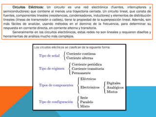 Circuitos Eléctricos: Un circuito es una red electrónica (fuentes, interruptores y
semiconductores) que contiene al menos una trayectoria cerrada. Un circuito lineal, que consta de
fuentes, componentes lineales (resistencias, condensadores, inductores) y elementos de distribución
lineales (líneas de transmisión o cables), tiene la propiedad de la superposición lineal. Además, son
más fáciles de analizar, usando métodos en el dominio de la frecuencia, para determinar su
respuesta en corriente directa, en corriente alterna y transitoria.
Generalmente en los circuitos electrónicos, estas redes no son lineales y requieren diseños y
herramientas de análisis mucho más complejos.
 