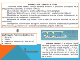 VENTAJAS DE LA CORRIENTE ALTERNA
La corriente alterna presenta ventajas decisivas de cara a la producción y transporte de la
energía eléctrica, respecto a la corriente continua:
1-Generadores y motores mas baratos y eficientes, y menos complejos.
2-Posibilidad de transformar su tensión de manera simple y barata (transformadores).
3-Posibilidad de transporte de grandes cantidades de energía a largas distancias con un
mínimo de sección de conductores ( a alta tensión).
4-Posibilidad de motores muy simples, (como el motor de inducción asíncrono de rotor en
cortocircuito).
5-Desaparición o minimización de algunos fenómenos eléctricos indeseables (magnetización
en las maquinas, y polarizaciones y corrosiones electrolíticas en pares metálicos).
Los Principales Parámetros Eléctricos Son:
• Corriente.
• Voltaje.
• Impedancia (Resistencia + Reactancia)
• Potencia. Corriente Eléctrica: Es el Flujo de cargas
eléctricas, que por unidad de tiempo, atraviesan
un área transversal Unidad: Amperio 1A = 1C/s.
La corriente Eléctrica, se debe a un
movimiento de los electrones en el interior del
material. Esta se mide en amperios y se indica
con la letra A.
 
