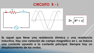 CIRCUITO R - L
Es aquel que tiene una resistencia óhmica y una resistencia
inductiva. Hay una variación de campo magnético en L, se induce
una corriente opuesta a la corriente principal. Siempre hay un
desplazamiento de las ondas.
Z= 𝑹𝟐 + 𝒙𝑳
𝟐
 
