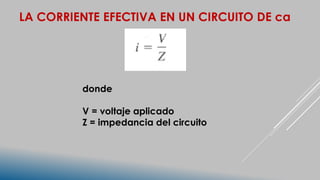 LA CORRIENTE EFECTIVA EN UN CIRCUITO DE ca
donde
V = voltaje aplicado
Z = impedancia del circuito
 
