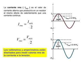 La  corriente rms (  I rms  )  es el valor de corriente alterna que produciría en un resistor el mismo efecto de calentami...