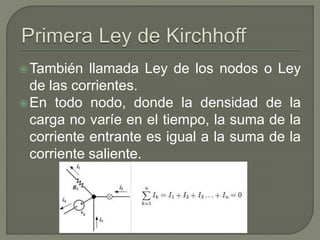 También llamada Ley de los nodos o Ley
de las corrientes.
En todo nodo, donde la densidad de la
carga no varíe en el tiempo, la suma de la
corriente entrante es igual a la suma de la
corriente saliente.