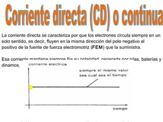 La corriente directa  se caracteriza por que los electrones  circula siempre en un  solo sentido, es decir,  fluyen en la misma dirección  del polo negativo al  positivo de la fuente de fuerza electromotriz ( FEM ) que la suministra.  Esa corriente mantiene siempre fija su polaridad,  generada por  pilas, baterías y  dinamos. Gráfico de una corriente directa (C.D.) o continua (C.C.). Corriente directa (CD) o continua  