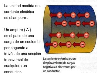 La unidad medida de corriente eléctrica  es el ampere . Un ampere ( A ) es el paso de una  carga de un coulomb  por segundo a  través de una sección transversal de cualquiera un conductor. 