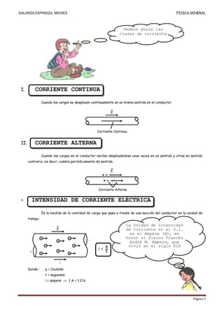 GALARZA ESPINOZA, MOISES                                                                             FISICA GENERAL



                                                                    Veamos ahora las
                                                                   clases de corriente




 I.         CORRIENTE CONTINUA

                 Cuando las cargas se desplazan continuamente en un mismo sentido en el conductor.

                                                               E




                                                      Corriente Continua


 II.        CORRIENTE ALTERNA

                 Cuando las cargas en el conductor oscilan desplazándose unas veces en un sentido y otras en sentido
       contrario, es decir, cambia periódicamente de sentido.

                                                               E




                                                      Corriente Alterna


         INTENSIDAD DE CORRIENTE ELÉCTRICA

                 Es la medida de la cantidad de carga que pasa a través de una sección del conductor en la unidad de
       tiempo.
                                                                       La Unidad de Intensidad
                            E                                          de Corriente en el S.I.
                                                                        es el Ampere (A), en
                 +                  +                                  honor al físico Francés
                            +                     -
                                                                        André M. Ampere, que
                     +                  +                  q            vivió en el siglo XIX
                                                      i=
        +
                 +
                            +
                                    +                      t

                                i
       Donde :       q = Coulomb
                     t = segundos
                     i = ampere     1 A = 1 C/s




                                                                                                              Página 3
 