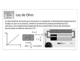 UTN-FRGP
Ley de Ohm
7
La intensidad de corriente que circula por un conductor es directamente proporcional a
la ddp a la que se lo conecta, siendo la constante de proporcionalidad que las
relaciona, una magnitud que depende de las características físicas del conductor
denominada resistencia eléctrica ( ).
Unidades
 