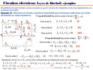 Circuitos eléctricos: Leyes de Kirchoff, ejemplos
El problema de este método y estos circuitos es que el número de incógnitas crece muy rápidamente con
el número de mallas.
Ejemplo 13: Resuelve el circuito, calcula la intensidad que circula por cada rama y la caída
de tensión en cada resistencia     1ª Ley de Kirchoff (ley de los nudos o de las I):
                                                                                                               ∑I
                                                                                                                i
                                                                                                                      i   =0
    I1        +    R1=1Ω                     I5                  Para el pto A:        I1 + I 3 + I 4 = 0           (I)
                                 D




                                                       VS 2=3V
         VS 1=6V            I2                                    Para el pto B:        I1 + I 2 − I 6 = 0           (II)
                                                 (2)
                                     R2=3Ω

                      (1)
         I3       R3=2Ω
                                       I6               +         Para el pto B:        I4 + I5 + I6 = 0             (III)
A
                                                       C
                                 B
                                                 (3)
                                                                       2ª Ley de Kirchoff (ley de las mallas):       ∑V
                                                                                                                      i
                                                                                                                            Si   = ∑ VRi
                                                                                                                                   i


         I4                                  +                   Para la malla 1:   VS1 = R1 I1 + R2 I 2 − R3 I 3
                                                                               ⇒ 6 = I1 + 3 I 2 − 2 I 3          (IV)
                  R4=2Ω
                                       VS 3=6V
                                                            Para la malla 2:   VS 2 = − R2 I 2 ⇒ 3 = −3I 2          (V)

         Para la malla 3:        − VS 3 = − R4 I 4 + R3 I 3 ⇒ − 6 = −2 I 4 + 2 I 3                   (VI)
Resolución: de (V)  I2=-1A, con (I), (IV) y (VI) tenemos un sistema de 3 ecs con 3 incógnitas:
    I1 + I 3 + I 4 = 0                  9 + 2I3 + I3 + I 4 = 0    18 + 6 I 3 + 2 I 4 = 0                        24 + 8I 3 = 0
    6 = I1 − 3 − 2 I 3 ⇒ 9 = I1 − 2 I 3                        x2                        +                            24
                                                                                        6 + 2I3 − 2I 4 = 0
                                                                                                               I3 = −      = −3 A
    − 6 = −2 I 4 + 2 I 3                                                                                               8
 