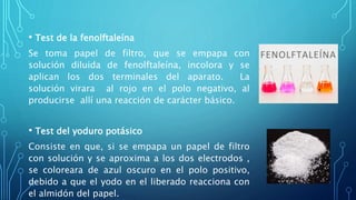• Test de la fenolftaleína
Se toma papel de filtro, que se empapa con
solución diluida de fenolftaleína, incolora y se
aplican los dos terminales del aparato. La
solución virara al rojo en el polo negativo, al
producirse allí una reacción de carácter básico.
• Test del yoduro potásico
Consiste en que, si se empapa un papel de filtro
con solución y se aproxima a los dos electrodos ,
se coloreara de azul oscuro en el polo positivo,
debido a que el yodo en el liberado reacciona con
el almidón del papel.
 