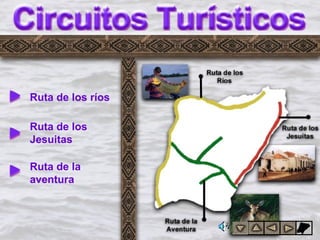 Circuitos
turisticos
Ruta de la
aventura
Ruta de los ríos
Ruta de los
Jesuitas
 
