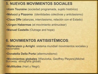 5. NUEVOS MOVIMIENTOS SOCIALES
Alain Touraine (sociedad programada, sujeto histórico)
Melucci y Pizzorno (identidades colectivas y anticlasismo)
Claus Offe (alianzas, interclasismo, relación con el Estado)
Jürgen Habermas (el movimiento antinuclear)
Manuel Castells (Outrage and hope)
6. MOVIMIENTOS ANTISISTÉMICOS:
Wallerstein y Arrighi: sistema mundial/ movimientos sociales y
nacionales
Donatella Della Porta (altermundismo)
Movimientos globales (Wieviorka, Geoffrey Pleyers)(Michel
Buroway: etnografía global)
Multitudes (Hart y Negri)
 