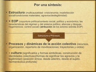 Por una síntesis:
 Estructura (multicausalidad: crisis/anomia; insatisfacción
social/condiciones materiales; agravios/deslegitimidad)
 + EOP (coyuntura política/contexto social, político y económico; las
características del régimen y del sistema político; alianzas y bloques
hegemónicos; control social) (atribución de los actores sobrela EOP)
 ___________________________________________________________
 Procesos y dinámicas de la acción colectiva (recursos,
organización, repertorio de movilizaciones; trayectorias y ciclos)
 + cultura (significados y formas simbólicas, construcción de
identidades colectivas)(formas de significar los agravios y la
legitimidad) (posición émica, desde adentro, desde el sujeto,
hermenéutica profunda)
Estructura y Procesos
 