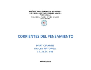 Febrero 2018
VALLE DE LA PASCUA ESTADO GUÁRICO
CORRIENTES DEL PENSAMIENTO
PARTICIPANTE
DAILYN MAYORGA
C.I. 25.617.988
 