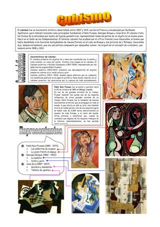 El cubismo fue un movimiento artístico desarrollado entre 1907 y 1914, nacido en Francia y encabezado por Guillaume
Apollinaire, pero también teniendo como principales fundadores a Pablo Picasso, Georges Braque y Juan Gris. El cubismo trata
las formas de la naturaleza por medio de figuras geométricas, representando todas las partes de un objeto en un mismo plano.
Nació en el Salón de los Independientes. El término cubismo fue acuñado por el crítico francés Louis Vauxcelles, el mismo que
había desdeñado a los fauvistas motejándolos de fauves (fieras); en el caso de Braque y sus pinturas de L'Estaque, Vauxcelles
dijo, despreciativamente, que era una pintura compuesta por «pequeños cubos». Se originó así el concepto de «cubismo», que
maduró entre 1908 y 1914.
Características del Cubismo:
El cubismo presenta los objetos tal y como son concebidos por la mente y
como existen, no como son vistos. Existen tres etapas en el cubismo: El
Cubismo primitivo o Período Cézannesco (1907-1909): representado por las
señoritas de avignon.(Pablo Picasso)
Cubismo analítico (1910-1912): presenta una descomposición de objetos
simples en colores ocre, verde oscuro y gris.
Cubismo sintético (1913- 1914): emplea signos plásticos que se comparan
con metáforas poéticas en el aspecto pictórico tiene mucha relación con el
cubismo primitivo. Se caracteriza por la ruptura de todo procedimiento
imitativo.
 Pablo Ruiz Picasso (1881 - 1973)
 Las señoritas de avignon
 La joven frente al espejo
 Georges Braque (1882 - 1963)
 La bañista
 Violín y jarra
 Juan Gris (1887- 1927)
 Guitarra y mandolina
 Tablero de ajedrez
Pablo Ruiz Picasso fue un pintor y escultor nació
el 25 de octubre de 1881 en Málaga, España,
Es uno de los grandes artistas de su tiempo.
Picasso también fue quizás una de las mayores
influencias de otros grandes artistas de su
tiempo. Pablo Picasso fue el fundador de muchos
movimientos artísticos que se propagan en todo el
mundo, lo que afecta no sólo su arte, sino también
el arte en todas partes. Uno de sus mayores logros
es haber más de 2,000 obras sobrevivientes en
museos de toda Europa, y el resto del mundo.
Otras pinturas y esculturas que, cuando se
considera que algunos de los mejores trabajos de
la historia, lamentablemente, se han perdido
desde entonces.
 