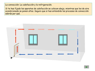 La convección: La calefacción y la refrigeración. 
Si te has fijado los aparatos de calefacción se colocan abajo, mientras que los de aire 
acondicionado se ponen altos. Seguro que si has entendido los procesos de convección 
sabrás por qué. 
 
