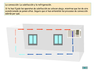 La convección: La calefacción y la refrigeración. 
Si te has fijado los aparatos de calefacción se colocan abajo, mientras que los de aire 
acondicionado se ponen altos. Seguro que si has entendido los procesos de convección 
sabrás por qué. 
 