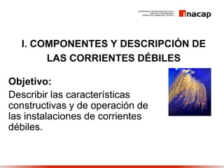 I. COMPONENTES Y DESCRIPCIÓN DE
LAS CORRIENTES DÉBILES
Objetivo:
Describir las características
constructivas y de operación de
las instalaciones de corrientes
débiles.
 