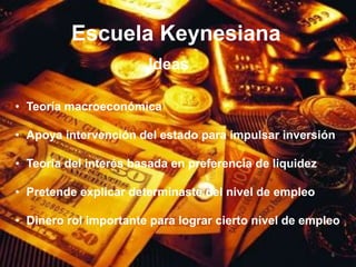 Escuela Keynesiana
                       Ideas

• Teoría macroeconómica

• Apoya intervención del estado para impulsar inversión

• Teoría del interés basada en preferencia de liquidez

• Pretende explicar determinaste del nivel de empleo

• Dinero rol importante para lograr cierto nivel de empleo

                                                         6
 